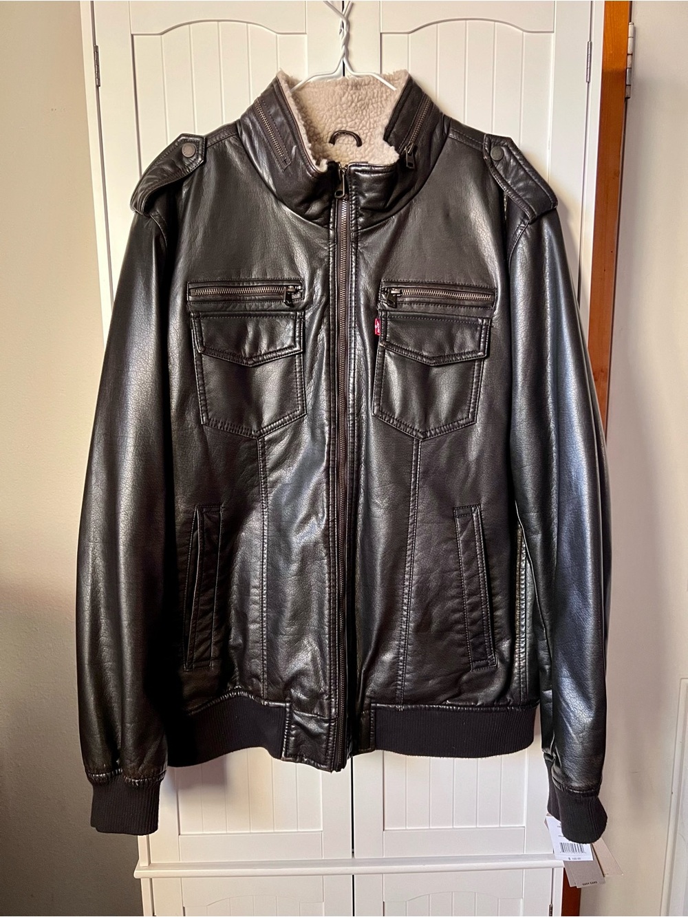 Levi's Deep Brown Faux Leather Bomber with Sherpa Lining